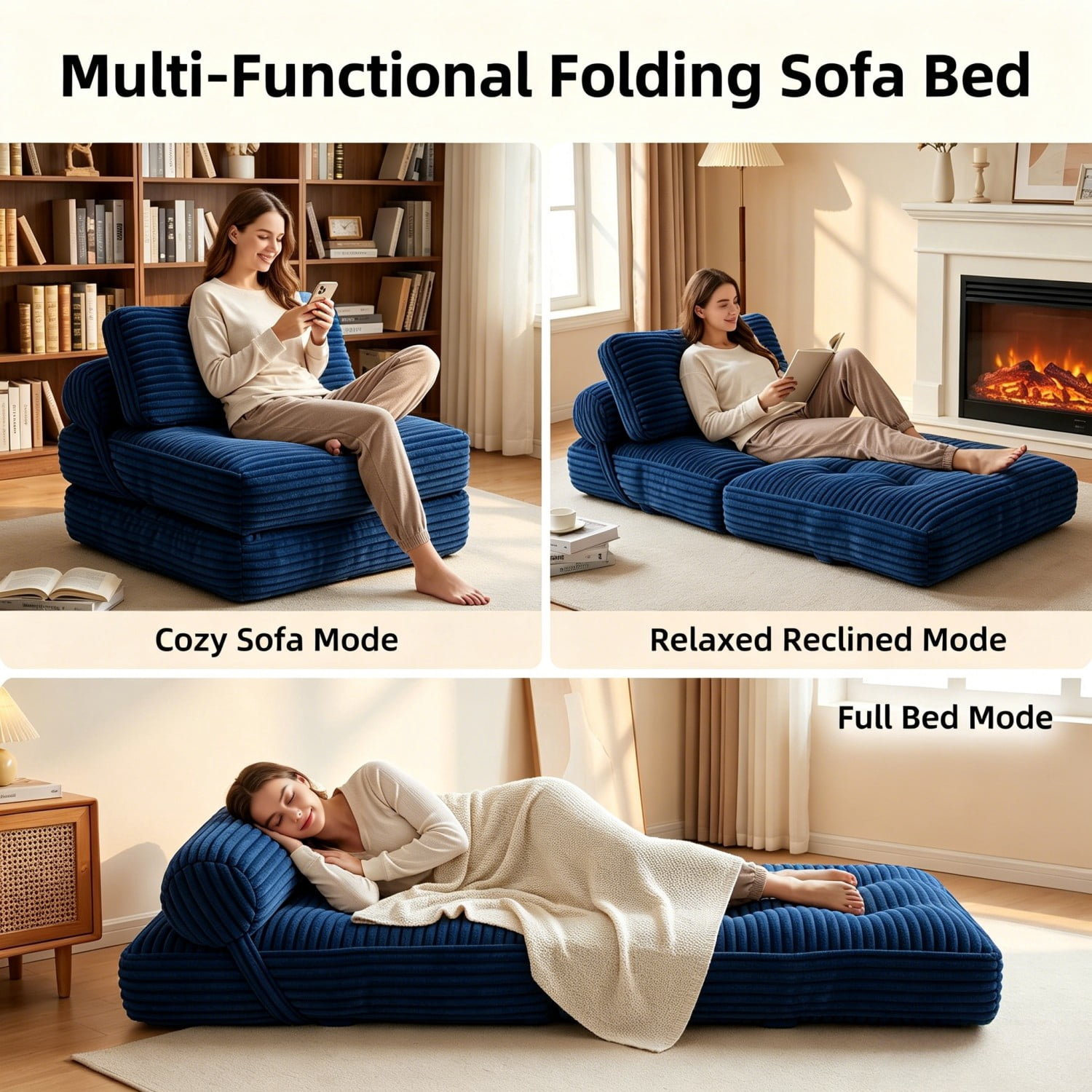 Folding Sofa Bed, Convertible Sleeper Chair with Pillow, Foldable Floor Couch Bed with Back Support, Portable Lounge for Living Room Bedroom, Navy