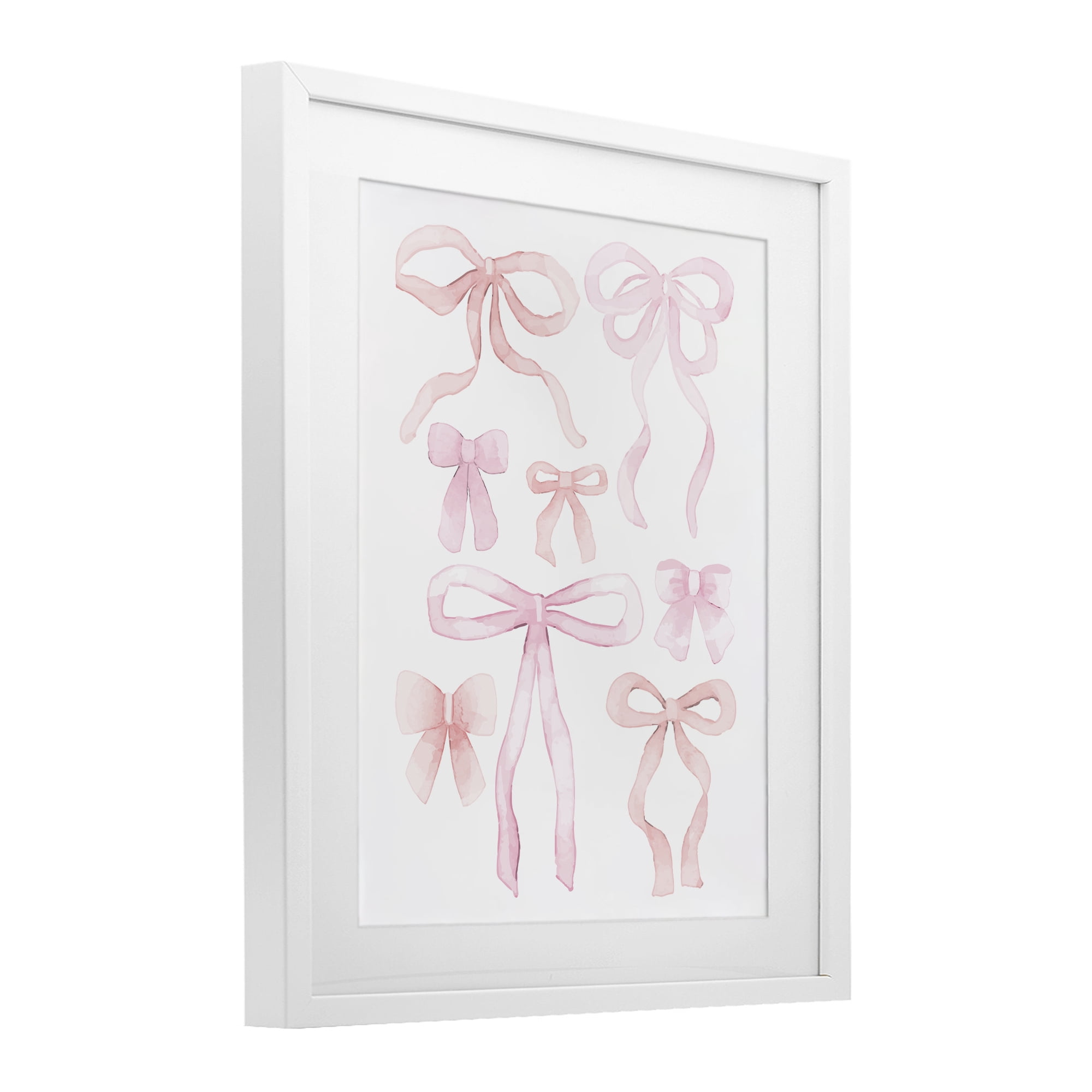 Feminine Chic Bows White Framed Print Under Glass, design by Kim Allen