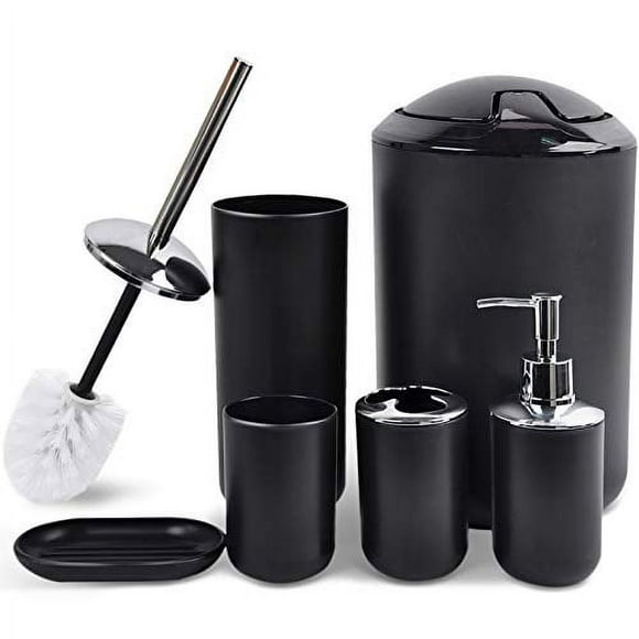 CERBIOR Bathroom Accessories Set 6 Piece Bath Ensemble Includes Soap Dispenser, Toothbrush Holder, Toothbrush Cup, Soap Dish for Decorative Countertop and Housewarming Gift, Black