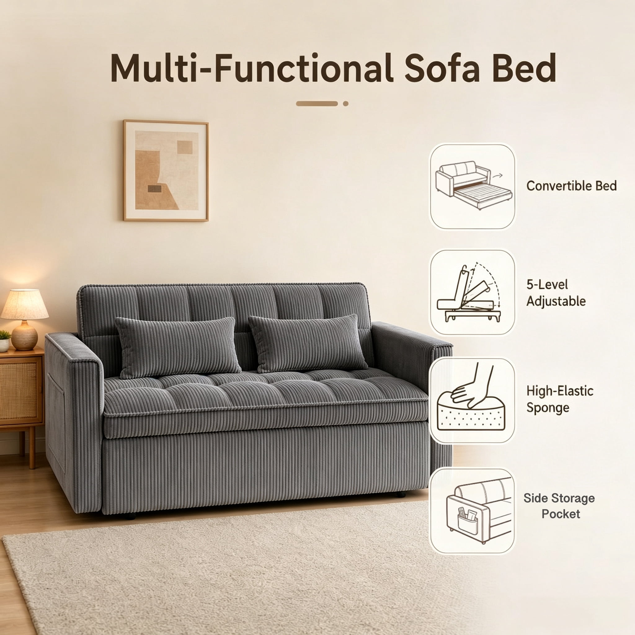 Scolyk 54" 3 in 1 Convertible Sleeper Sofa Bed, Corduroy Loveseat Couch Bed Sofa Pull Out with 5-Position Adjustable Backrest, Storage Pockets, Lumbar Pillows for Living Room, Dark Gray