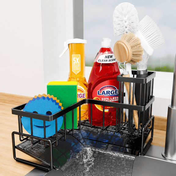 Metal L-Shaped Large Sink Caddy, 90-Degree Kitchen Sink Organizer Sponge Holder for Countertop Corner Storage Rack with Dish Brush Slot