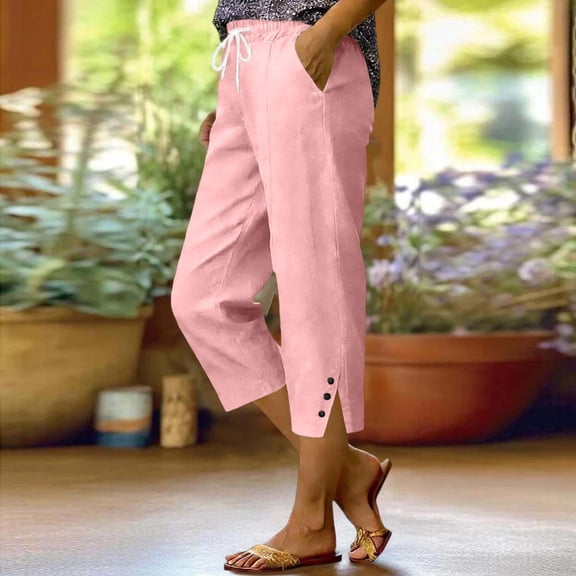 Cagogo Women's Capri Pants Cotton Linen Elastic Waist Loose Casual Capri Trousers with Pockets Solid Straight Leg Summer Work Beach Lounge Pants, Pink 2XL