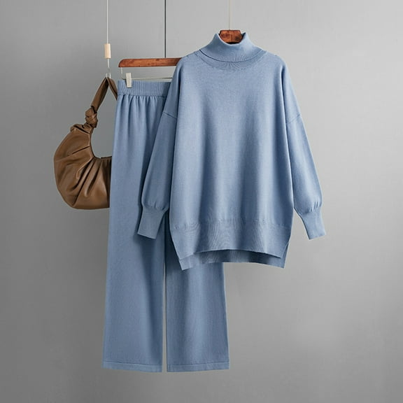 Jacenvly Women'S Pants Solid Soft Comfortable Sweatshirt Set Mock Neck Pullover Elastic Waisted Long Pants Leisure Trendy Two-Piece Set Blue