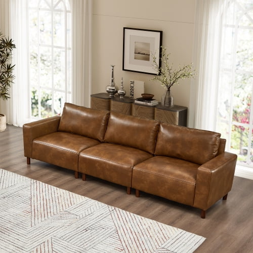 112" Luxury PU Leather Sofa, Mid-Century Modern 3-Seat Breathable Faux Leather Couch with Solid Wood Legs for Living Room & Apartment, Brown