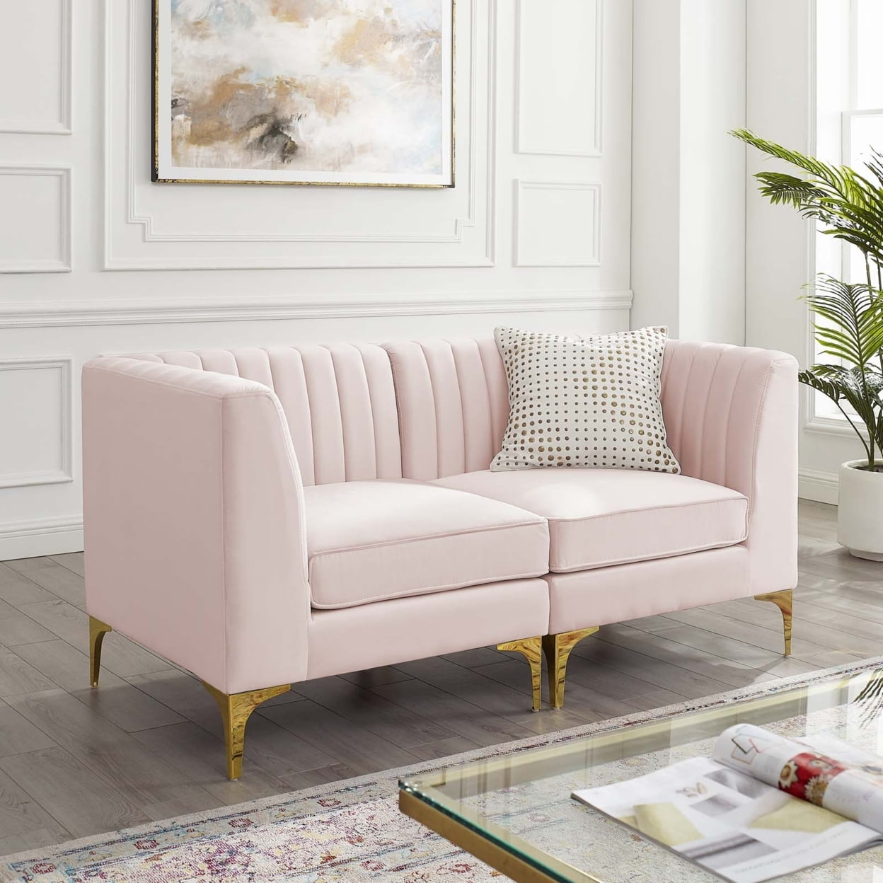Modway Triumph Channel Performance Velvet Tufted Loveseat in Pink