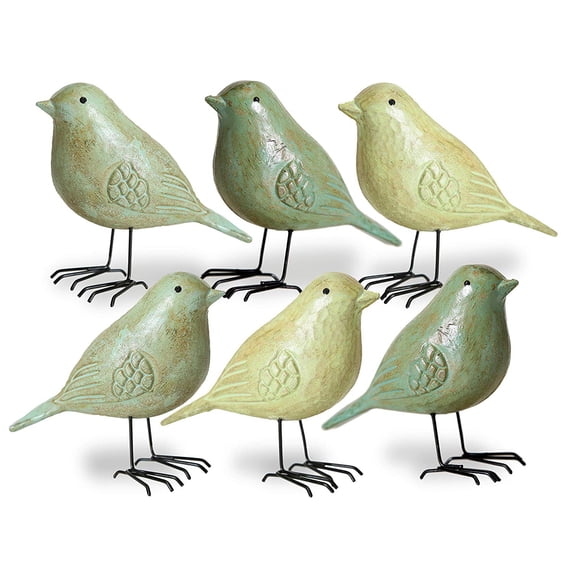 Americana Art Birds, Set of 6, Statues, Spring Green Colors, Rubbed Tawny Brown Finish, Black Legs, Figurines, Wood and Metal, Detailed, 5 Inches Each, Vintage Primitive Style