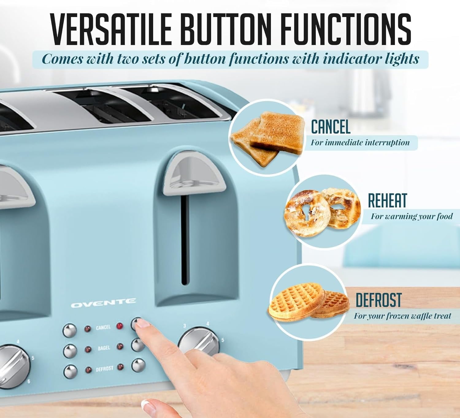 OVENTE Electric 4-Slice Toaster Machine with 6-Shade Selector Setting, Cancel Button, Defrost Function, Crumb Tray, 1400W Power and Wide Slots for Bagels, Waffles and Puff Pastry Light Blue TS4410LBL