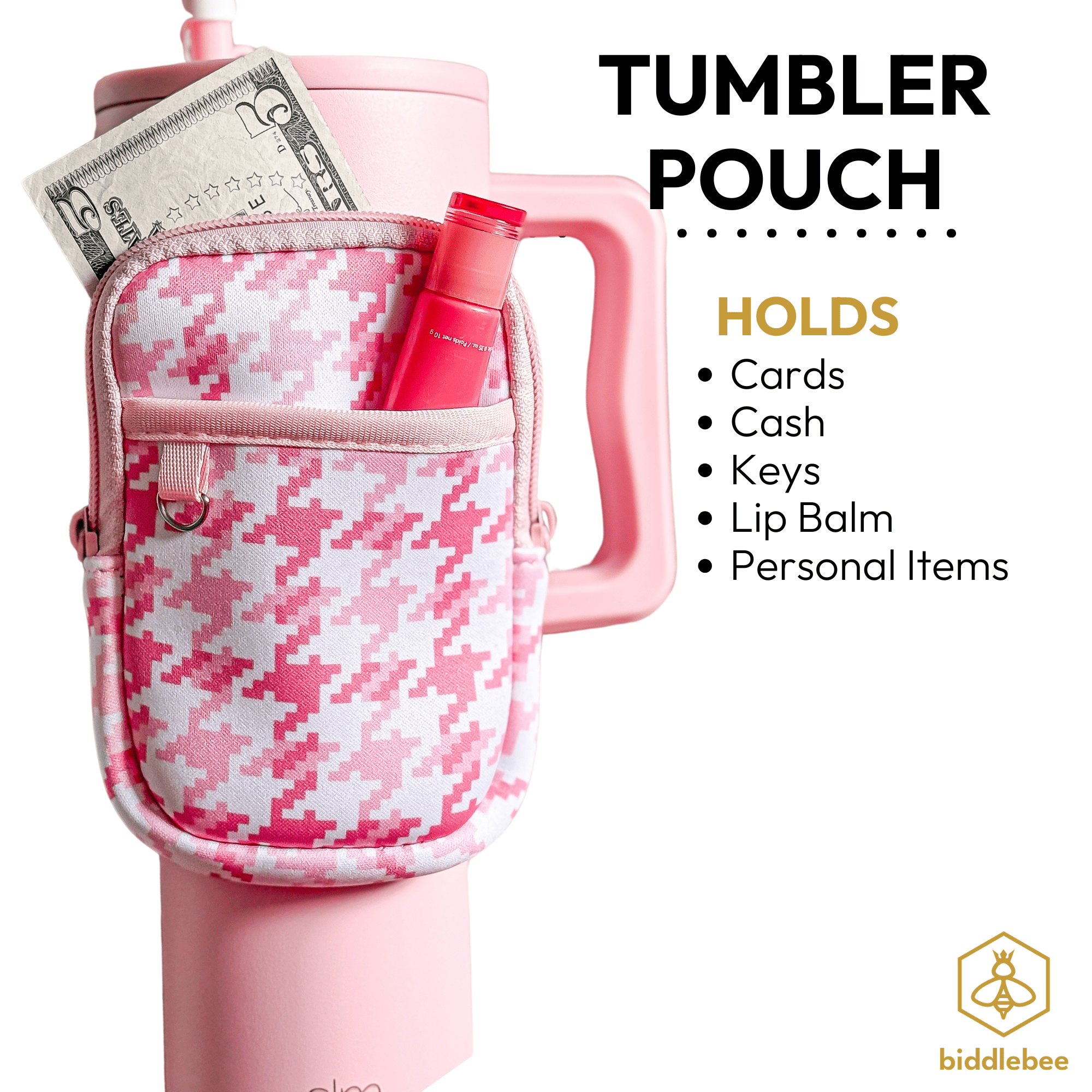 Biddlebee Water Bottle & Tumbler Bag Pouch Drinkware Accessory, Pink Check