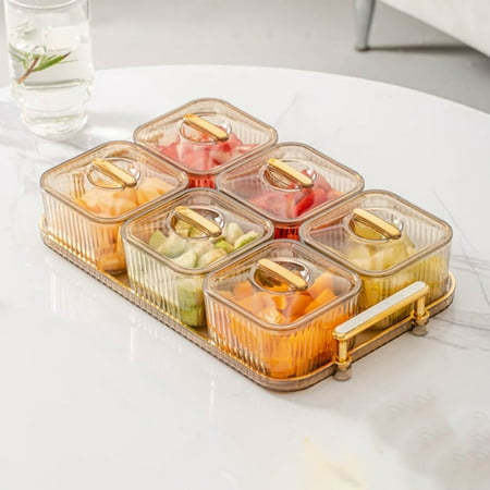

PATLOLAV Nut and Candy Serving Tray 6Pcs Divided Snack Serving Bowls Plastic Compartment Appetizer Food Display Dish Platter with Lid Tray and Handle for Fruit Dessert Appetizer