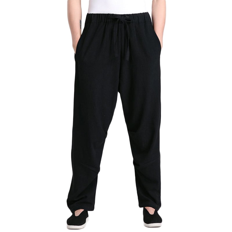 Men's Harem Loose Trousers Linen Cotton Solid Elastic Drawstring Pants Leisure 