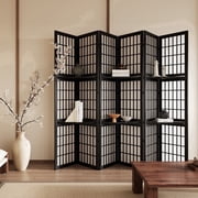 Breltam 6 Panels Japanese Style Room Divider, Folding Privacy Screen for Room Separation, Shoji Screen with Shelves for Home Office, Black
