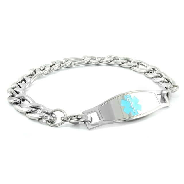MedicEngraved Bracelet à Maillons Figaro 9 mm en Acier Inoxydable 316L pour Chirurgie avec Étiquette Médicale en Émail - Gravure Médicale Incluse