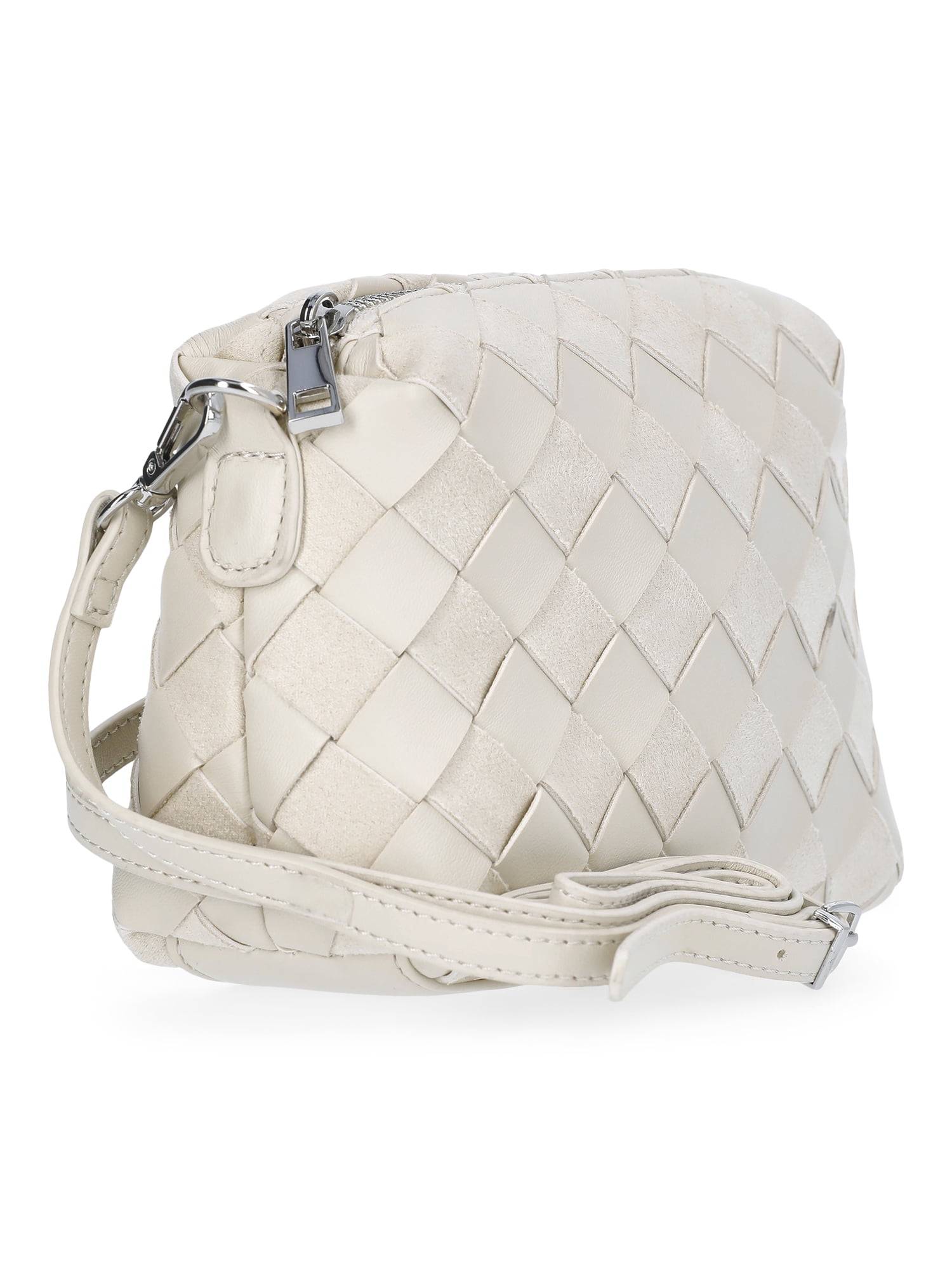 Time and Tru Women's Faux Leather and Suede Woven Camera Crossbody Bag, Beige