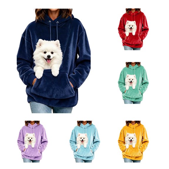 LWFFDAW Pet Pouch Hoodie for Women Long Sleeve Dog Carrier Fuzzy Fleece Hoodies Winter Loose Oversized Hoodie with Kangaroo Pocket