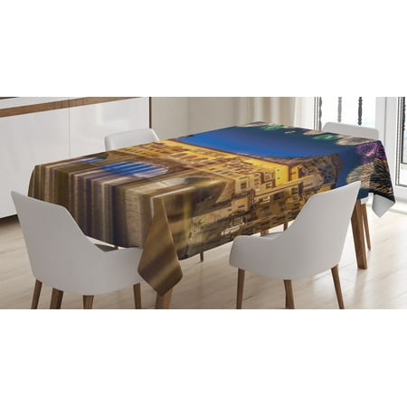 

Apartment Decor Tablecloth Night Panoramic View of Vecchio Bridge Florence Italy with Fireworks Rectangular Table Cover for Dining Room Kitchen 60 X 84 Inches Gold Navy Purple by Ambesonne