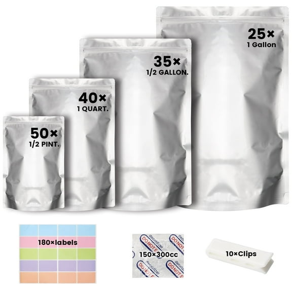 150PCS Mylar Bags with 300cc Oxygen Absorbers, 8 Mil Thicker Long Term Food Storage Bag, 1 Gallon 10x14 7x11 6x9 4x6 Stand-up Zipper Resealable Heat Sealable for Airtight Smell Proof Packaging