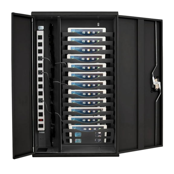 Line Leader Wall Mount Charging Station | Locking Security Cabinet For 12 Devices | Compatible with Tablets & Chromebooks | Charging For School, Office, Healthcare & More (20.75" x 35" / Black)
