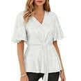 thumbnail image 4 of Tejiojio Women's Sequin Top V-Neck Flared Sleeve Front Tie Sparkly Party Blouse, 4 of 6