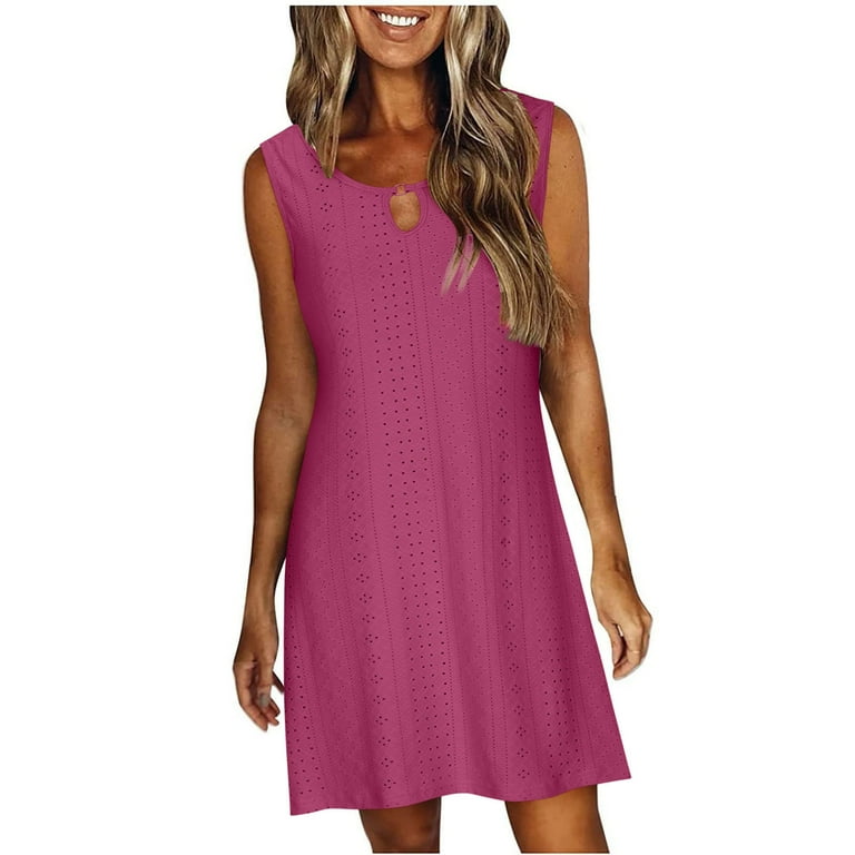 WIZUTIZ Women's Dresses Summer Loose A Line Dress Mini Dress Solid Shift  Dress Round Neck Sleeveless Shift Dress for Women's Crochet Keyhole Plus  Clubs Dress Hot Pink M - Walmart.com