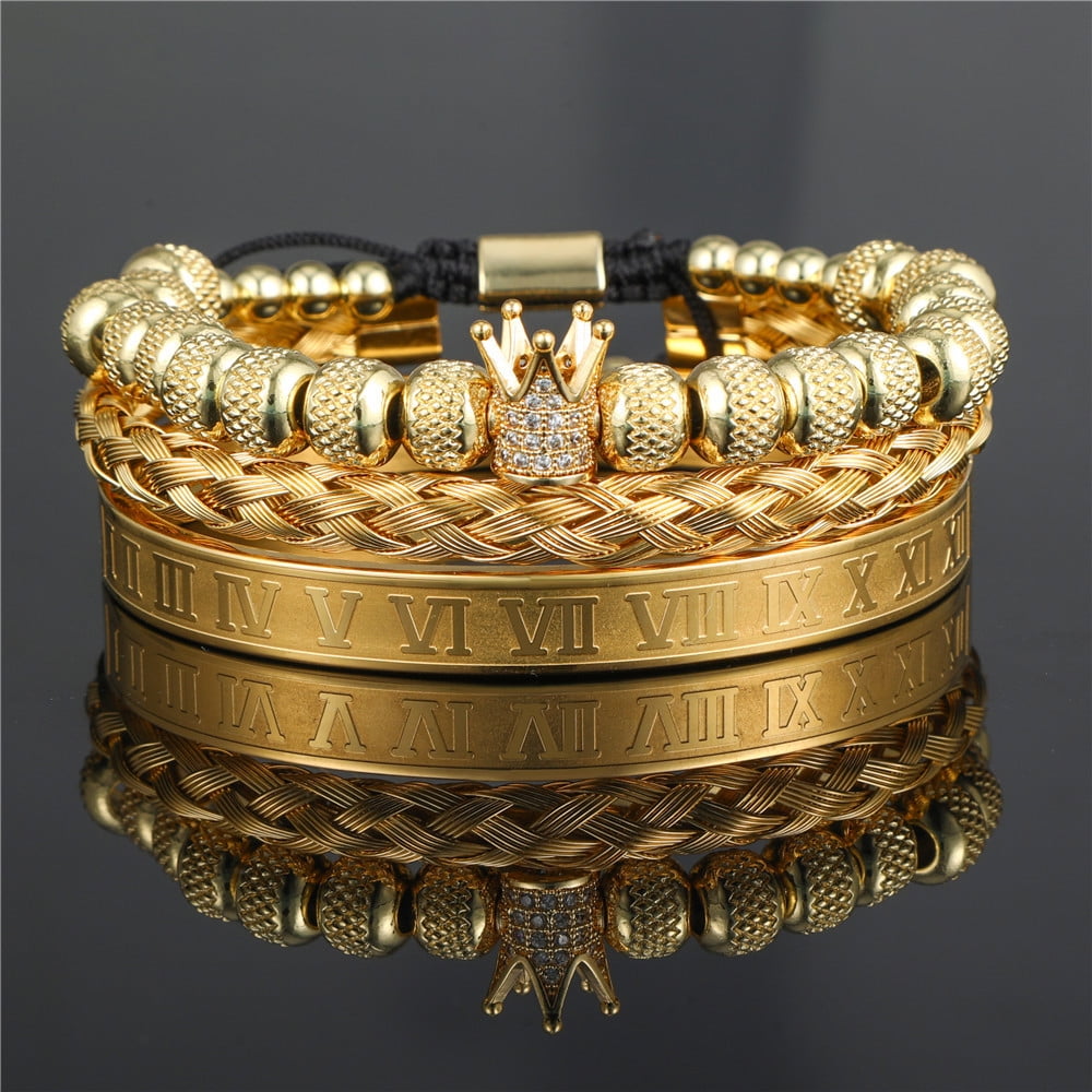 Imperial Crown King Mens Bracelet CZ Beads Silver Gold Bracelet for Men Luxury Charm Fashion Bangle Jewellery