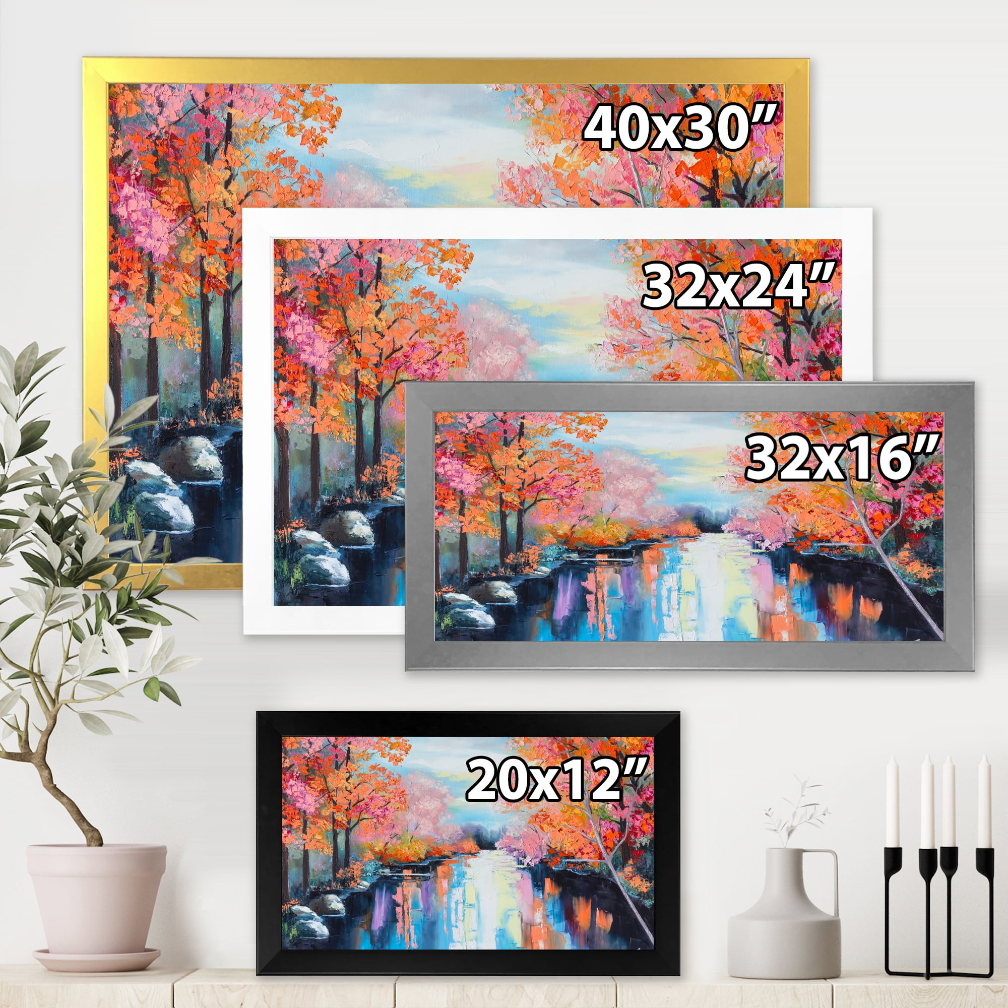 Designart 'The River Through Orange Autumn Forest' Lake House Framed Art Print