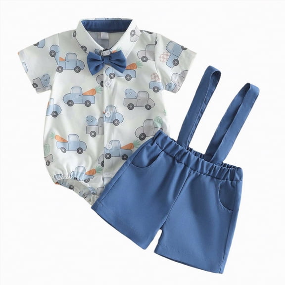 mgoYE Baby Boy Clothes 6-9 Months Infant Baby Boy Easter Outfit Car Print Short Sleeve Romper Suspender Shorts Set 2Pcs Summer Clothes(Blue,3-6 Months)