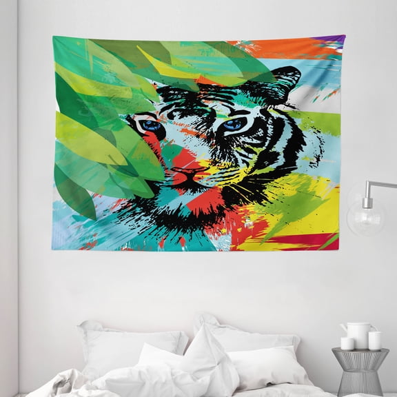 Tiger Tapestry, Abstract Drawing of a Bengal Tiger Under Leaves on Lively Colored Background Predator, Wall Hanging for Bedroom Living Room Dorm Decor, 80W X 60L Inches, Multicolor, by Ambesonne