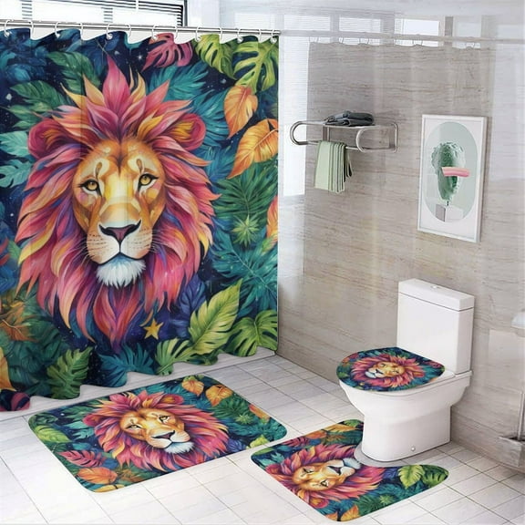 Lion Print Shower Curtain Set 4-Set Jungle Animal Theme Bathroom Decor Set Includes U-Mat ,Toilet Cover Mat ,Floor Mat ,Shower Curtain with 12 Hooks,72inx72in