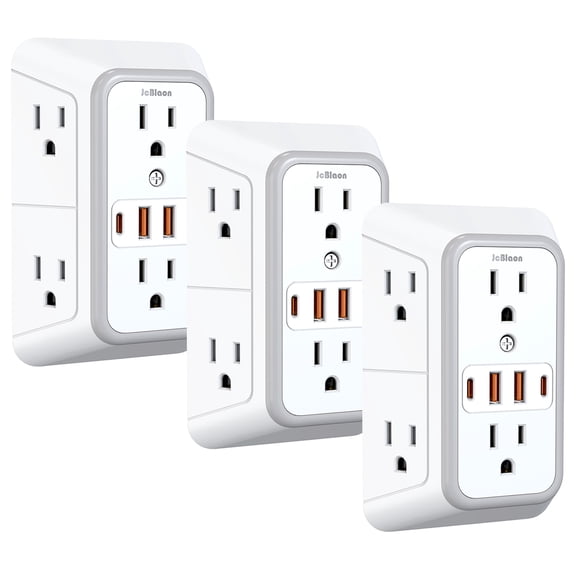 3 Pack USB Wall Charger Surge Protector 6 Outlet Extender with 4 USB Charging Ports 3 Sided 1050J Power Strip Multi Plug Outlets 1875W Wall Adapter Spaced for Home Office Indoor