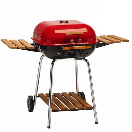 Meco Americana Charcoal BBQ Grill with Folding Side Tables and Lower Shelf 