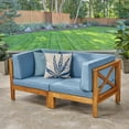 thumbnail image 2 of GDF Studio Keith Outdoor Acacia Wood Loveseat with Cushions, Teak and Blue, 2 of 5