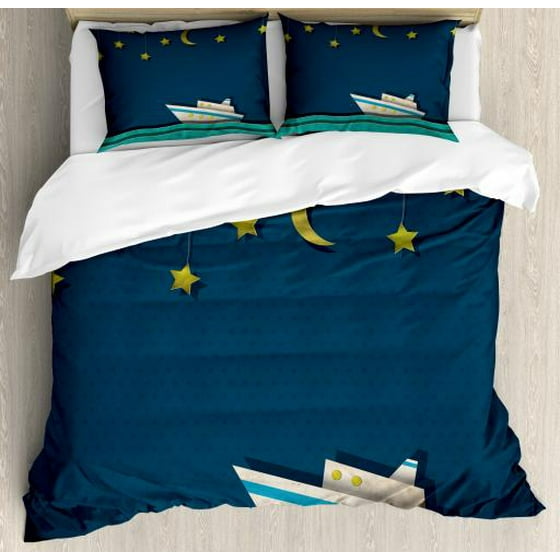 Vintage Boat Queen Size Duvet Cover Set Moon And Stars In The Sky Little At Night On Waves Kids Baby Decorative 3 Piece Bedding With 2
