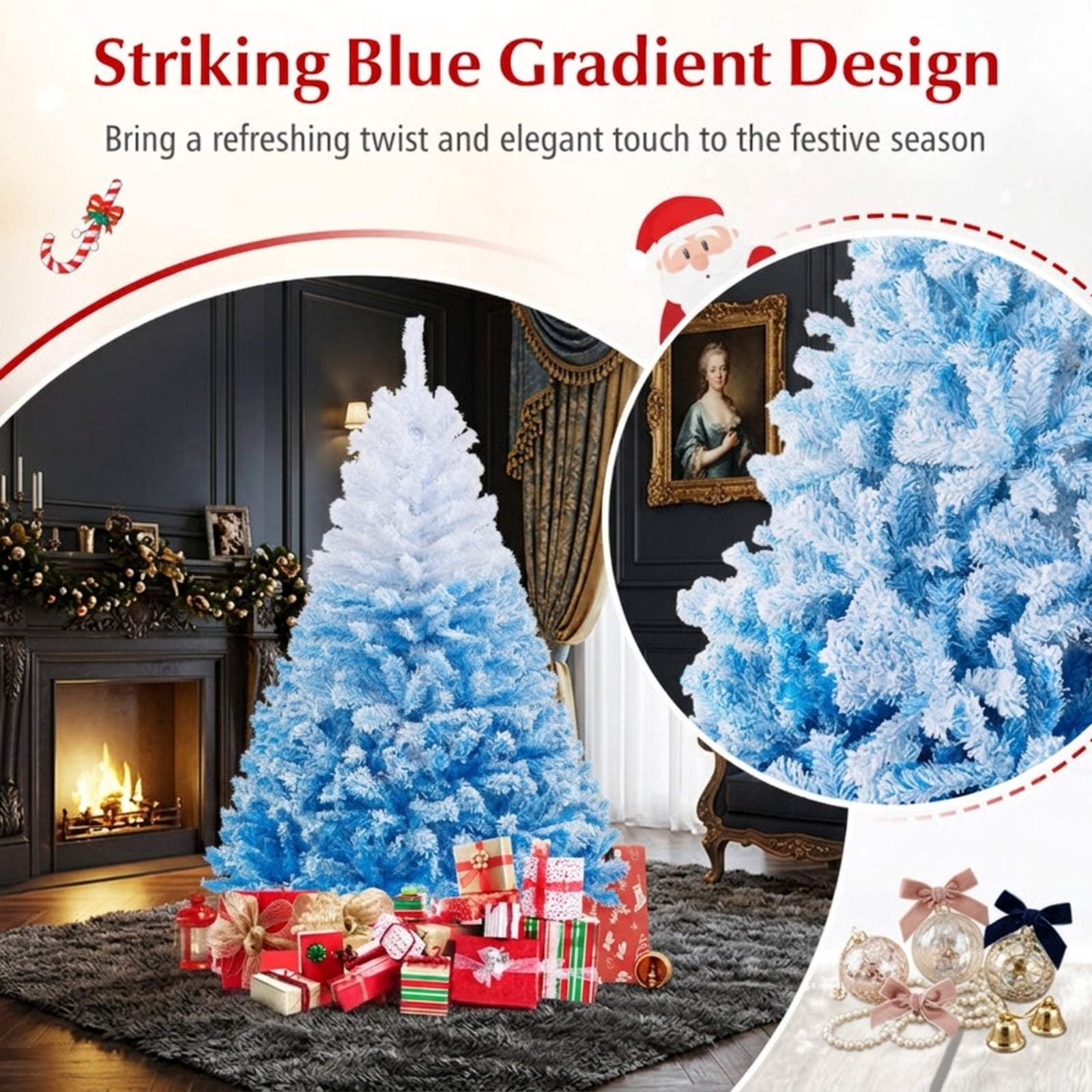 RUIE 6 ft White Blue Gradient Christmas Tree, Flocked Hinged Artificial Xmas Tree with 820 Branch Tips and Folding Metal Stand