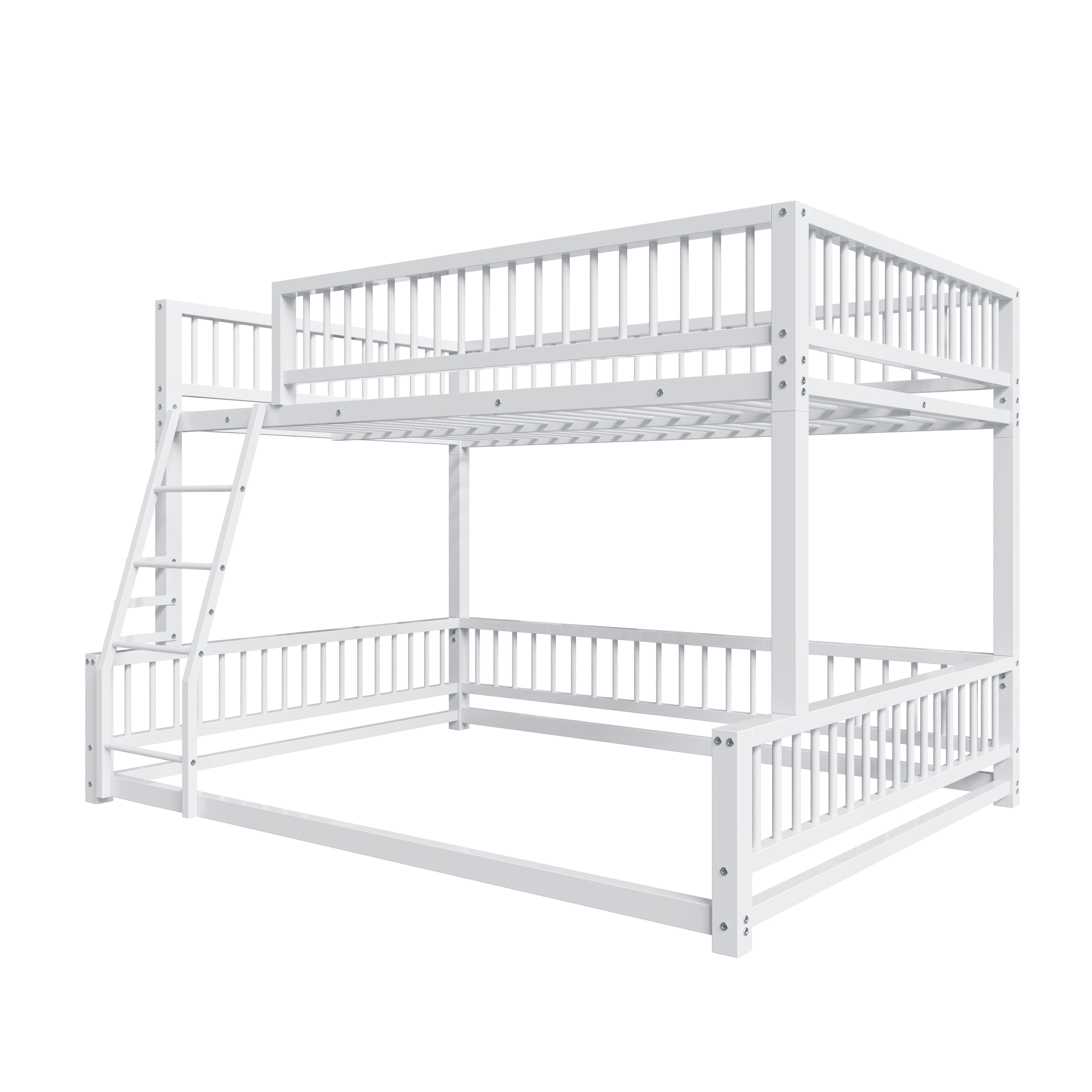 Leumius Full XL over Queen Bunk Bed,Heavy Duty Metal Bunk Beds for Adults and Kids,Floor Bed Frame with Ladder and Safety Guardrails, Easy Assemble,White