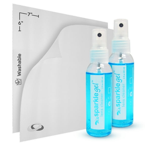 OPTIPAK Sparkle Anti-Reflective Gel Lens Cleaner Spray kit | (2x) 2oz Glasses Cleaner Gel Spray (2x) Microfiber Cloth for Eyeglasses, Sunglasses,Lenses,Screens and Camera Cleaning Kit (4 Piece Set)