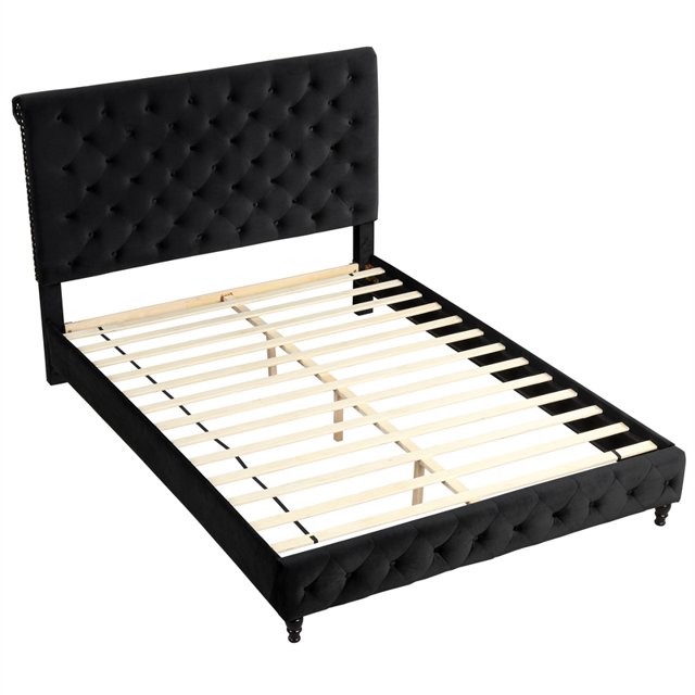 Best Master Furniture Ashley Tufted Velvet Fabric Full Platform Bed in Black