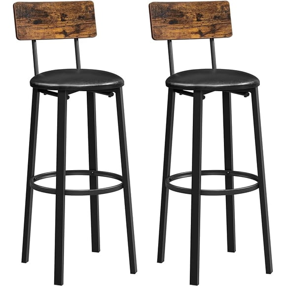 Taburetes de Bar, Juego de 2 Taburetes de Barra, Tapizados de PU, Altura de 75,5 cm, Reposapiés, Montaje Simple, Industrial, para Cocina, Comedor, Marrón Rústico y Negro Clásico