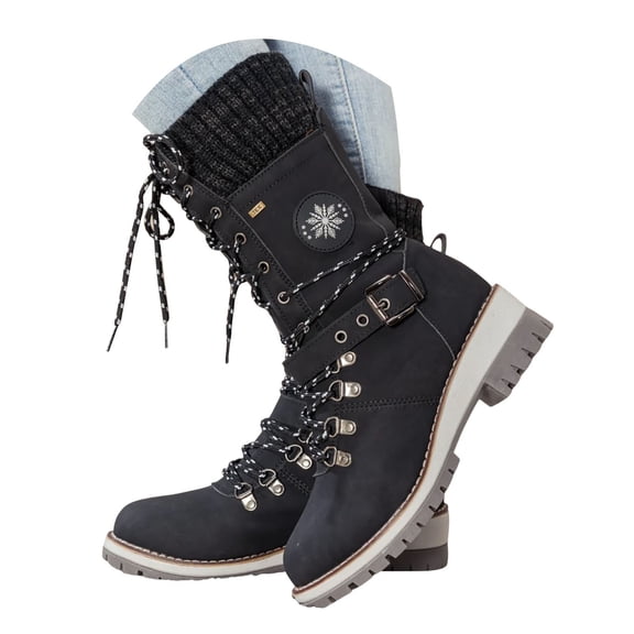 Dakaela Womens Combat Boots Mid Calf Winter Snow Boot with Side Zipper Lace up Lug Sole Low Wedge Motorcycle Outdoor Casual Shoes