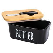 Larger Butter Dish with Cover and knife-Ceramics Butter Container with Bamboo Lid for Countertop,Butter Dishes with Covers Perfect for East West Coast Butter