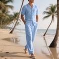 thumbnail image 2 of mihongmao Summer Mens 2 Piece Outfits Workout Man Style Solid Color Casual Fashion Flip Collar Short Sleeve Linen Shirt Drawstring Waist Long Pants Beach Sets Light Blue 3X, 2 of 5