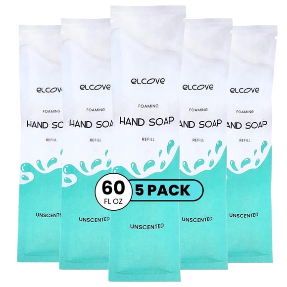 Recambios de jabón de manos espumoso Elcove (paquete de 5) Jabón de manos concentrado en polvo que hace 5 x 12 oz (60 oz en total) de jabón de manos ecológico, no tóxico y sin perfume