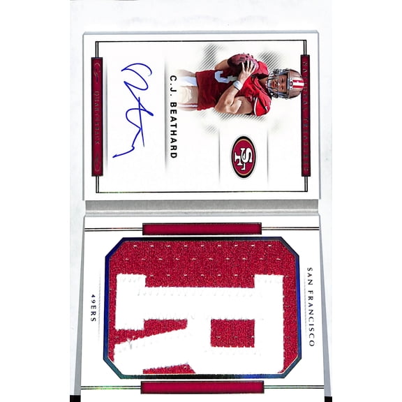 2018 Panini National Treasures C.J. Beathard Patch Auto #RJB-CJ 4/8 San Francisco 49ers Football Card San Francisco 49ers NFL Autographed Football Car