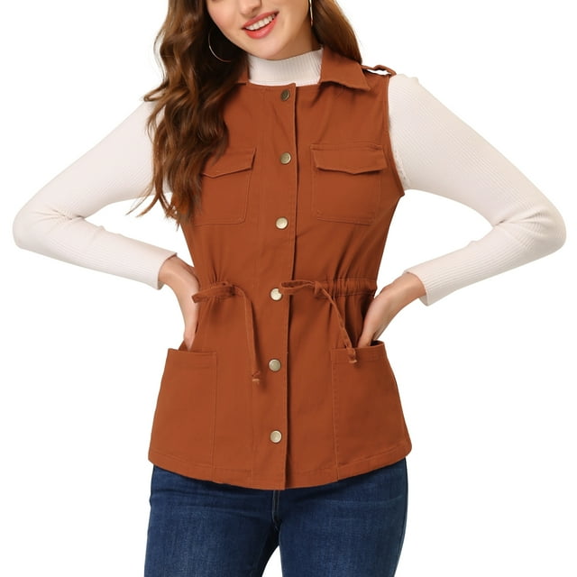 INSPIRE CHIC Women's Sleeveless Jacket Drawstring Waist Zip Up Cotton Cargo Vest with Pocket Ginger S