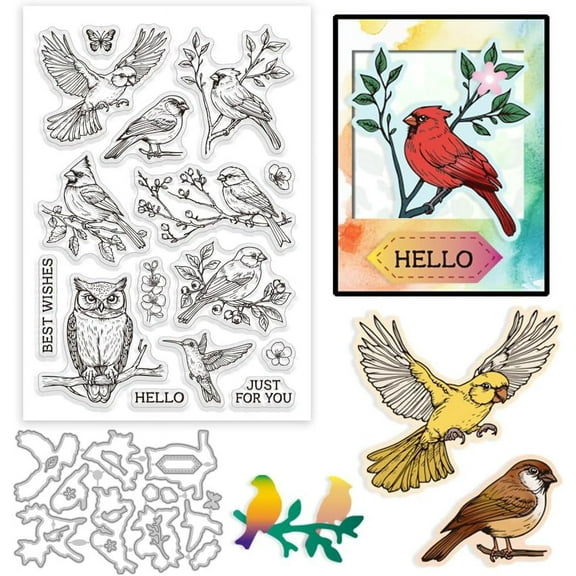 Realistic Birds Clear Stamp and Cutting Dies Set for Card Making Animals Owls Parrots Silicone Clear Stamp Metal Sparrow Die Cuts for DIY Scrapbooking Photo Album