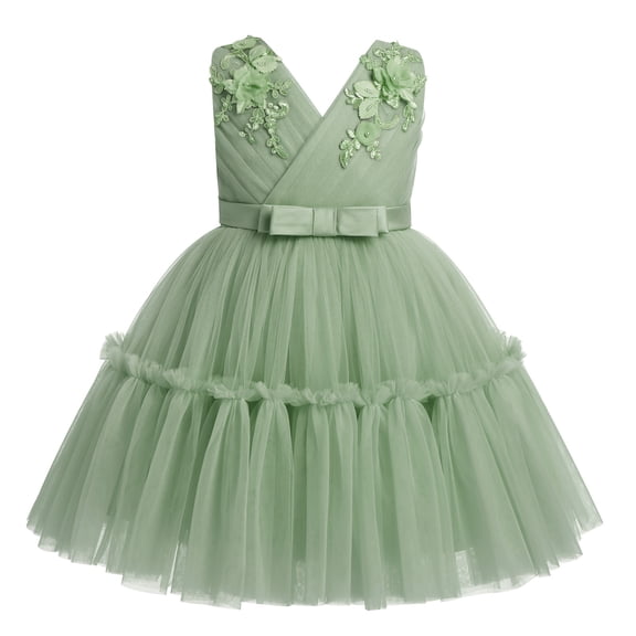 IDOPIP Flower Girl Dresses Baby Kids V-Neck Wedding Sleeveless Tulle Tutu Princess Ruffle Dress Birthday Party Dance Ball Gown 4-5 Years Sage Green