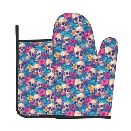 

Lukts Skull blue leaf Print Kitchen Heat-Resistant Gloves and Spacers 2pcs Set Suitable for Baking and Cooking