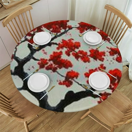 

SHERONV Red Flowers Round Tablecloth Stain-Resistant Washable 100% Polyester Waterproof Fabric Home Dining Decor 54 -58