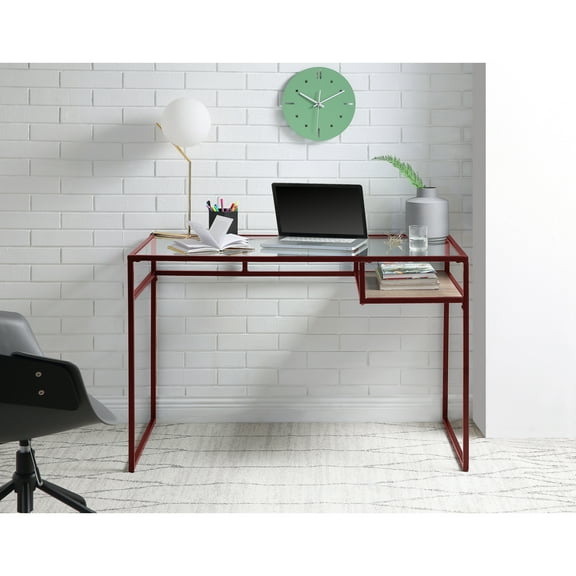 5mm Glass Top Work Desk With Red Finish And Open Shelf Compartment Metal Sled Base Office