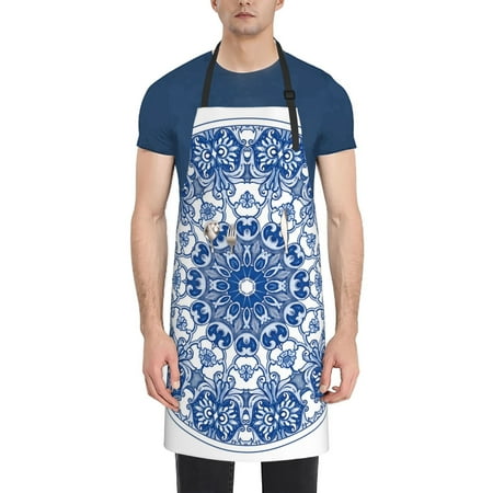 

Naloa Blue Watercolor Apron Kitchen Aprons with Pockets for Women Men Chef