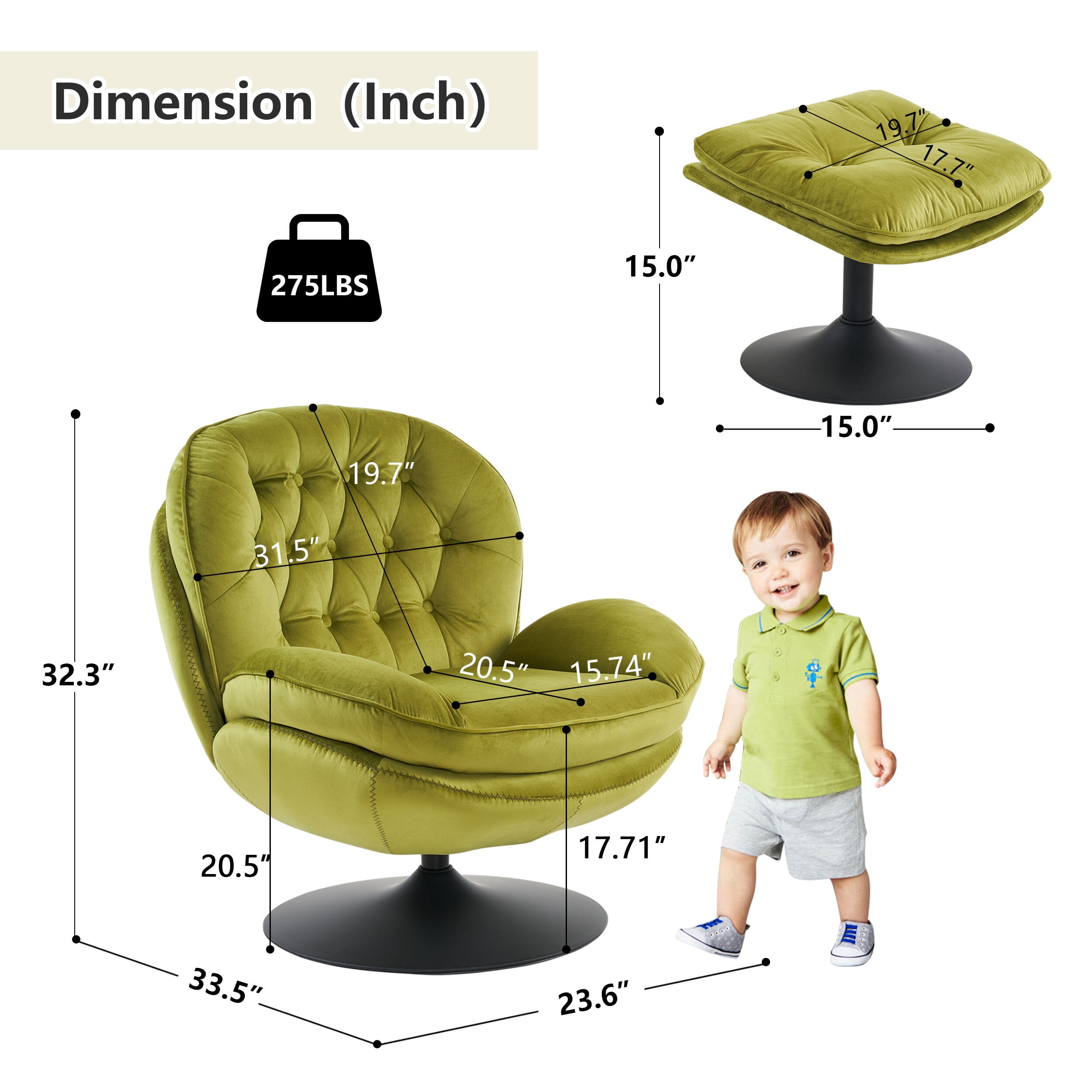 Comfort Stretch Velvet Swivel Accent Chair with Ottoman Round Reading Chair with Foot Stool Set Apple Green